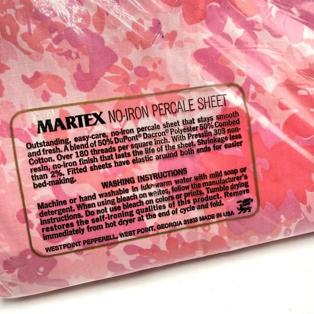 Vintage Martex Pink Floral Full Fitted Bottom Sheet No Iron Percale Made in USA